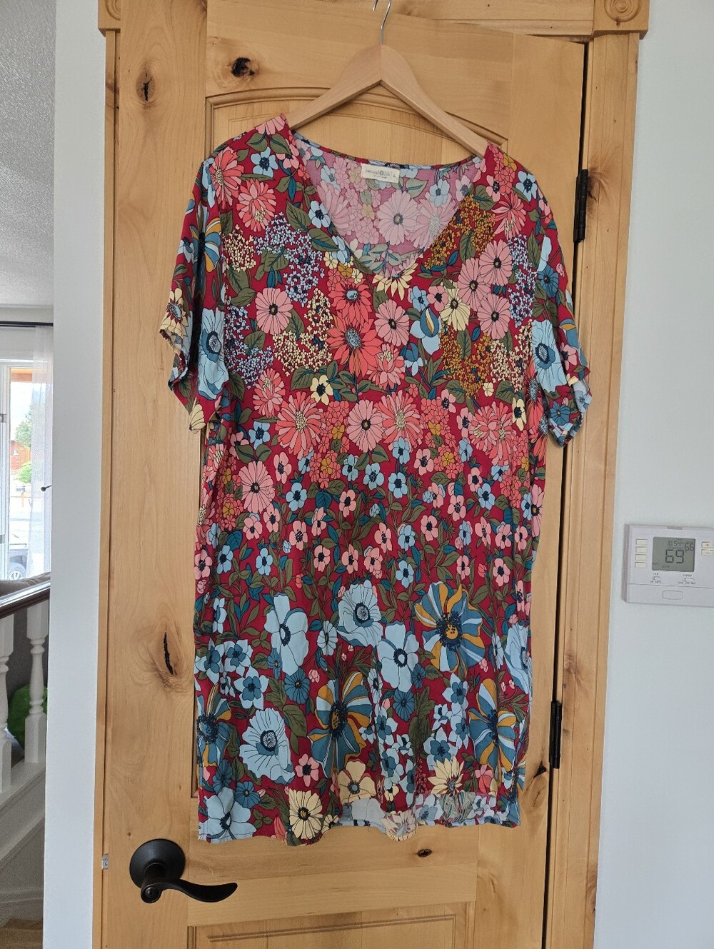 Natural Life Floral V-Neck Short Sleeve Dress - Floral Multicolor- Large